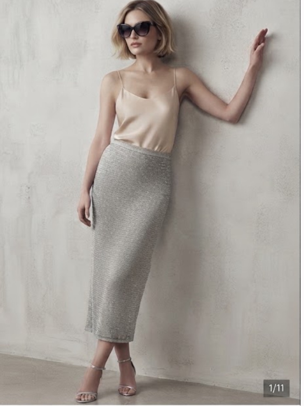 NWOT Vintage Adrienne Vittadini silver woven metallic midi pencil skirt
